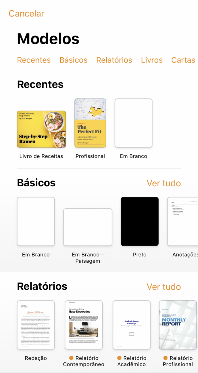 Seletor de modelos, mostrando uma linha de categorias na parte superior na qual você pode tocar para filtrar as opções. Abaixo estão miniaturas de modelos predefinidos organizadas em linhas por categoria, começando com Novo na parte superior e seguidas por Recentes e Básico. O botão Ver Tudo aparece acima e à direita de cada linha de categoria. O botão Idioma e Região está no canto superior direito.