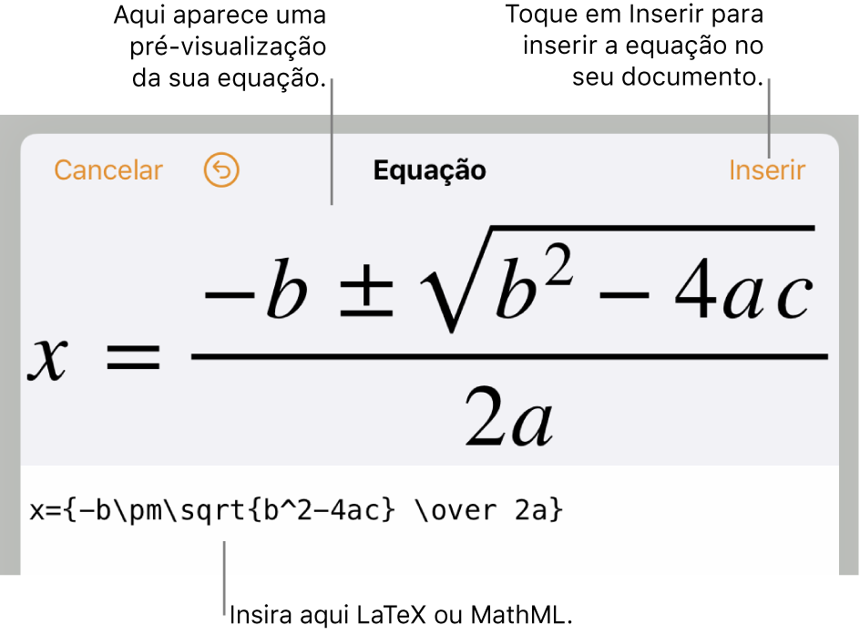 O diálogo Equação, com a fórmula quadrática escrita com comandos LaTeX e uma pré-visualização da fórmula acima.