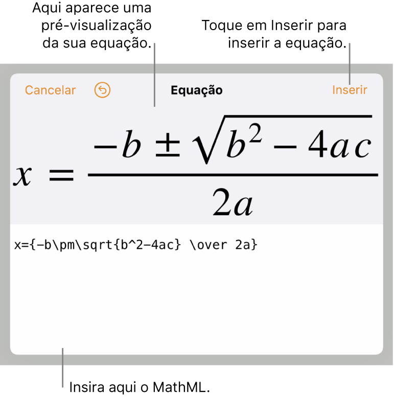Código MathML para a equação da inclinação de uma linha e uma pré-visualização da fórmula acima.