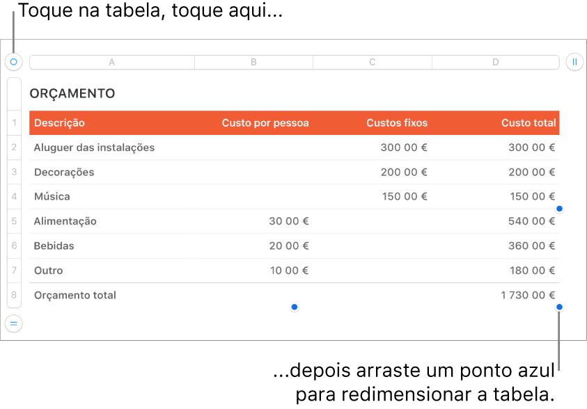 Uma tabela selecionada, com os pontos azuis para redimensionamento.