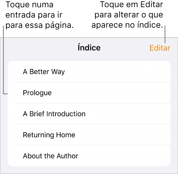 A vista de índice com títulos numa lista. No canto superior direito está o botão Editar e na parte inferior estão os botões “Miniaturas das páginas” e Índice.