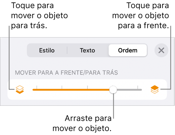 O botão “Mover para trás”, o botão “Mover para a frente” e o nivelador da camada.