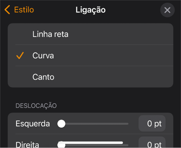 Os controlos de Ligação com Curva selecionada.