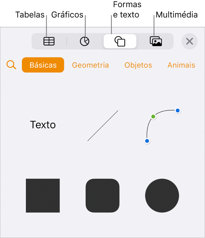 Surgem na parte superior os controlos Inserir com botões para adicionar tabelas, gráficos, texto, formas e multimédia.