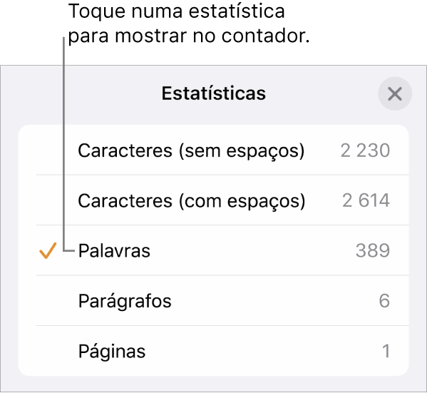 O menu Estatísticas que apresenta opções para mostrar o número de caracteres com e sem espaços, contagem de palavras, contagem de parágrafos e contagem de páginas.