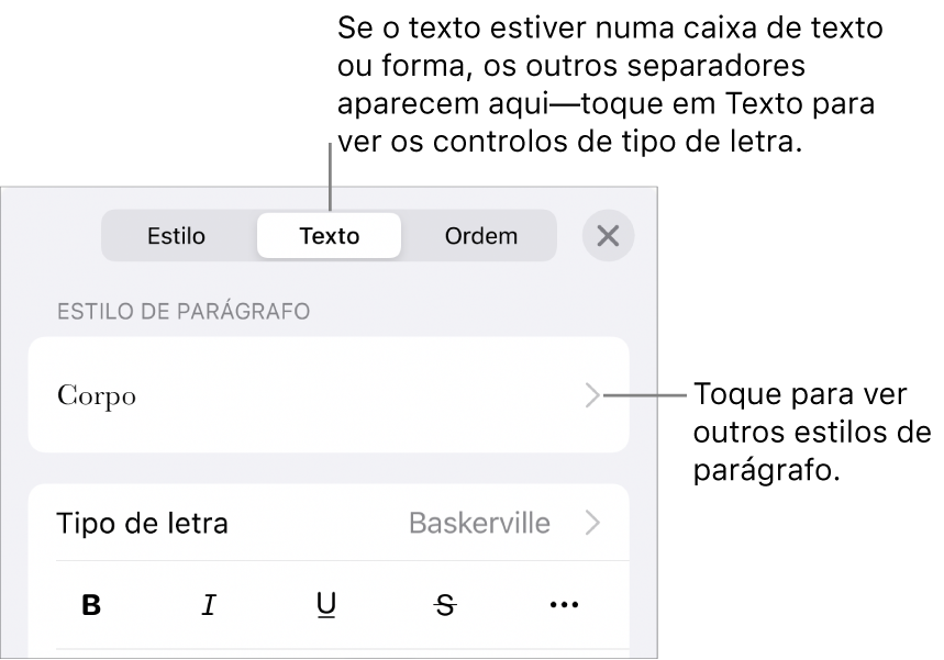 O menu Formatação a apresentar controlos de texto para definir estilos de parágrafo e carácter, tipo de letra, tamanho e cor.