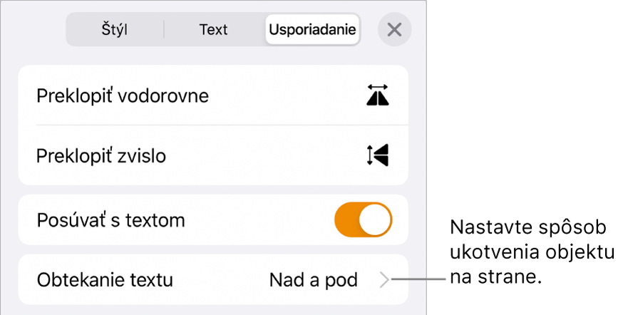 Ovládacie prvky usporiadania s možnosťami Presunúť s textom a Obtekanie textu.