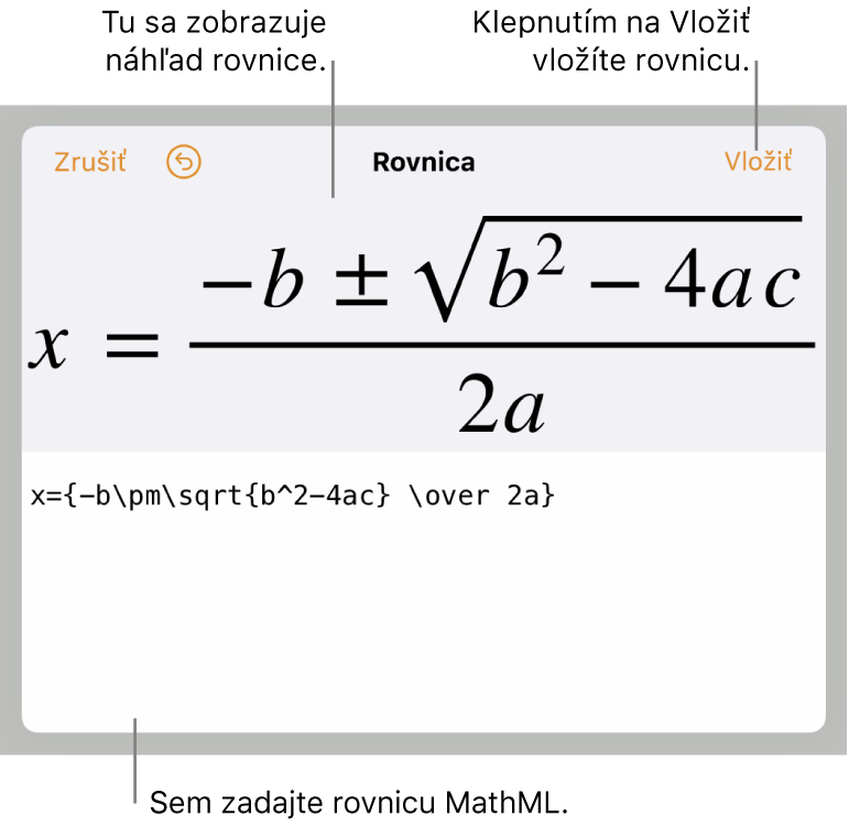 Kód MathML pre rovnicu sklonu čiary, vyššie sa nachádza náhľad vzorca.