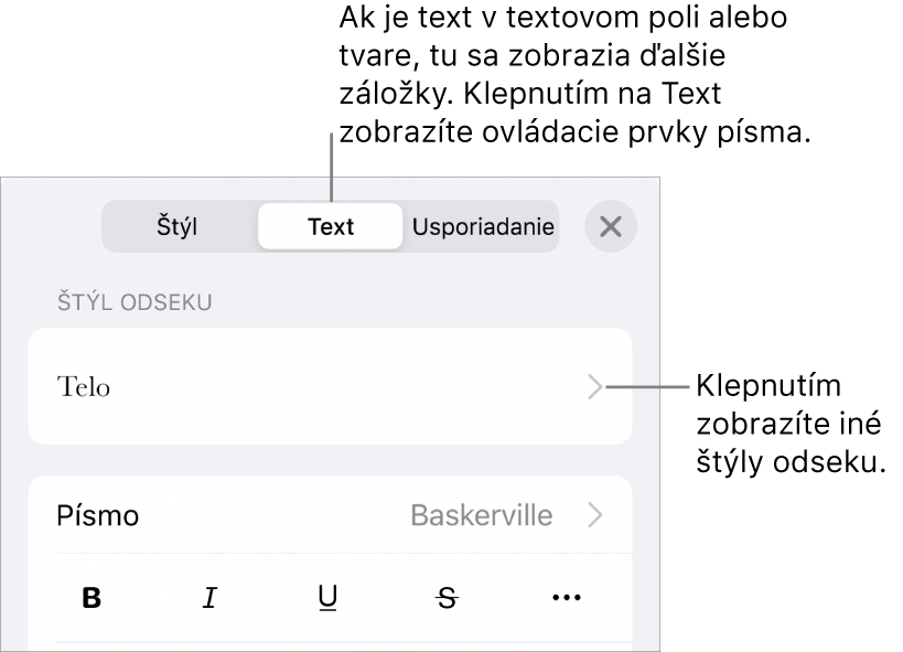 Menu Formát zobrazujúce ovládacie prvky pre nastavenie štýlov odseku a znakov, písma, veľkosti a farby.