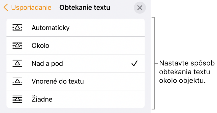 Ovládacie prvky Obtekanie textu s možnosťami Automatické, Dookola, Nad a pod, Vnorené do textu a Žiadne.