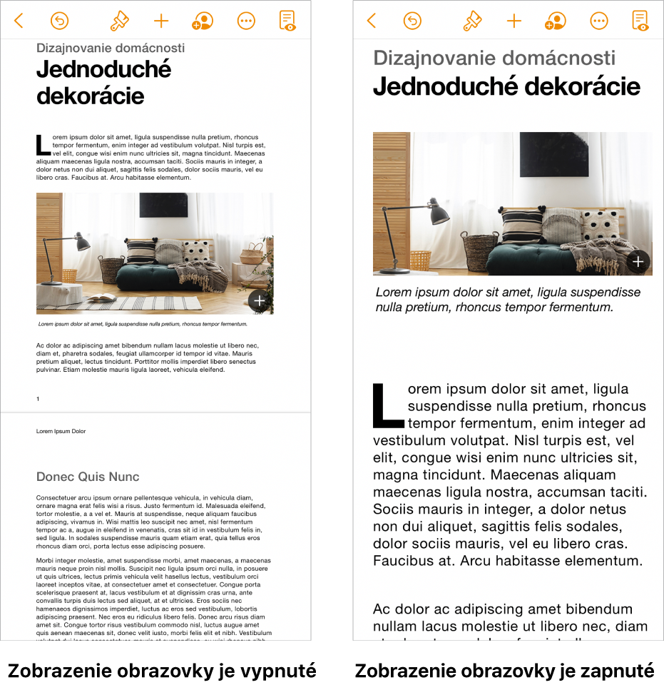 Dve zobrazenia toho istého dokumentu Pages, jedno so zapnutým a druhé s vypnutým Zobrazením obrazovky.