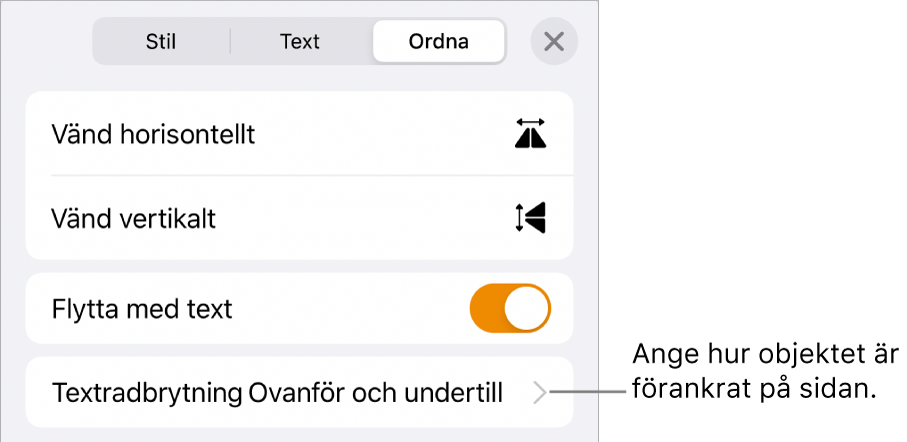 Reglagen under Ordna med Flytta med text och Textradbrytning.