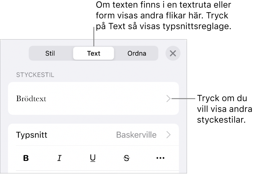 Menyn Format med textreglage för att ställa in stycke- och teckenstilar, typsnitt, storlek och färg.