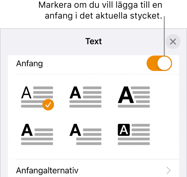 Anfangreglagen längst ned i menyn Text.