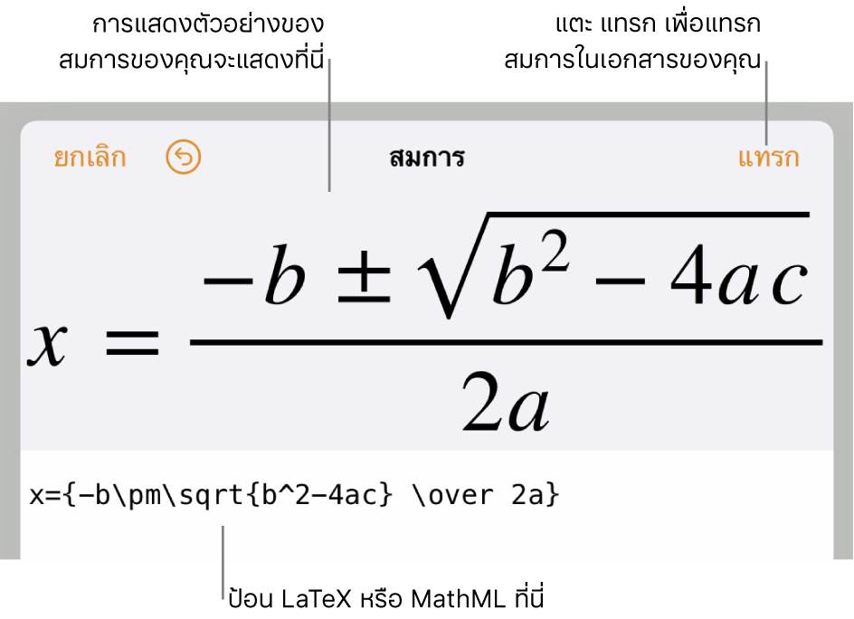 หน้าต่างโต้ตอบสมการ ที่แสดงสูตรกำลังสองที่เขียนโดยใช้คำสั่ง LaTeX และการแสดงตัวอย่างของสูตรด้านบน