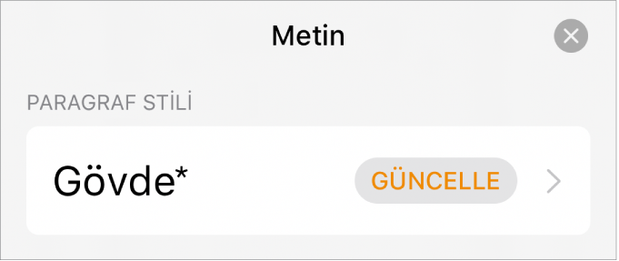 Yanında yıldız ve sağda Güncelle düğmesinin olduğu bir paragraf stili.