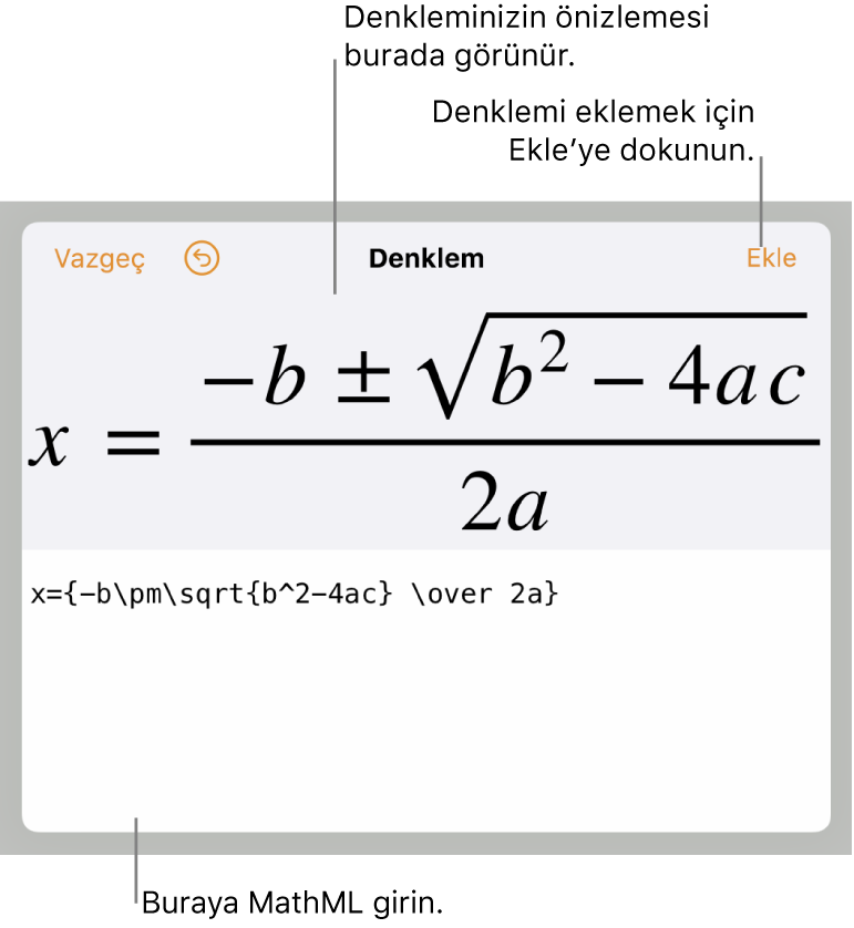 Çizgi eğimi denklemi için MathML kodu ve üstte formülün önizlemesi.