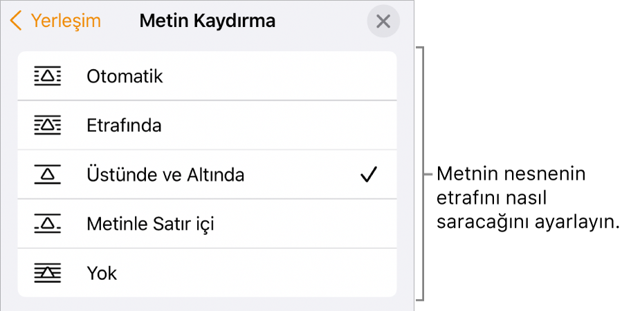 Otomatik, Etrafında, Üstünde ve Altında, Metinle Satır İçi ve Yok için ayarlar içeren Metin Kaydırma denetimleri.