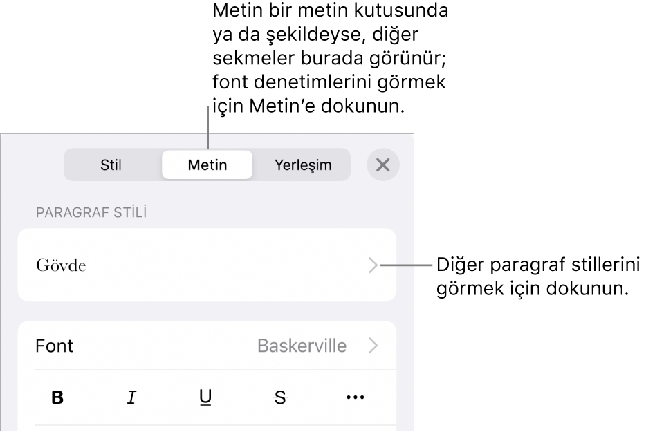 Paragraf ve karakter stillerini, fontu, puntoyu ve rengi ayarlamayla ilgili metin denetimlerini gösteren Biçim menüsü.