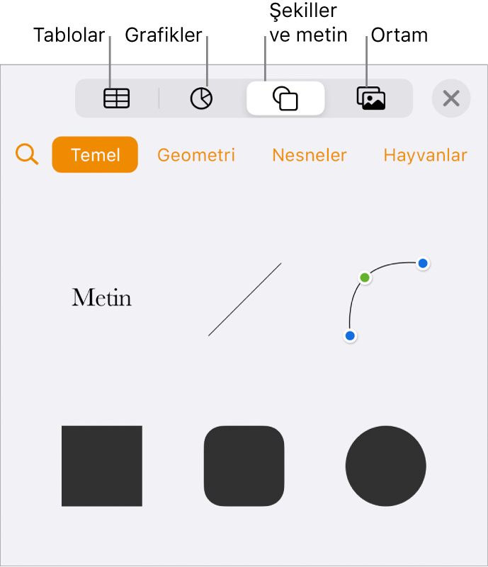 En üstte tablo, grafik, metin, şekil ve ortam ekleme düğmelerinin bulunduğu Ekle denetimleri.