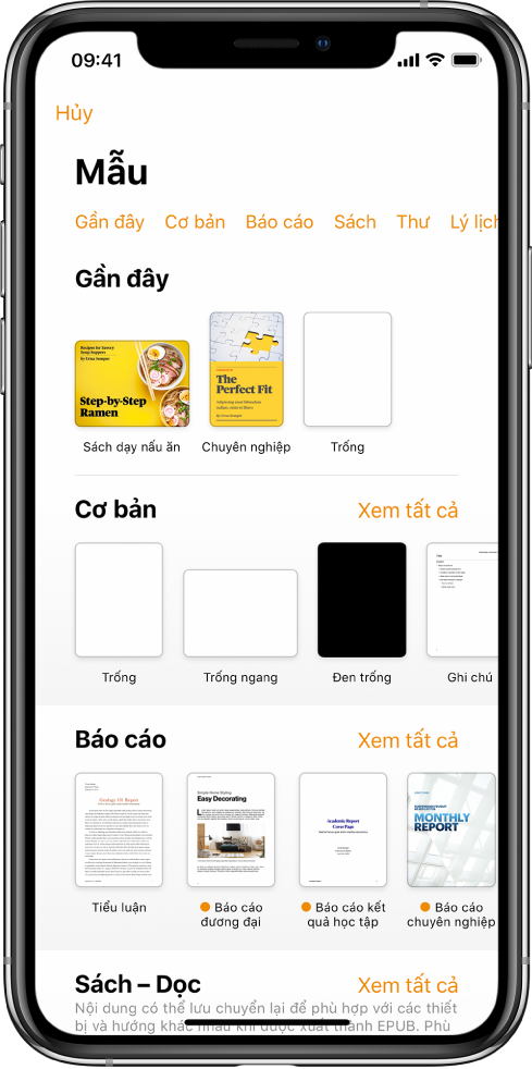 Bộ chọn mẫu, đang hiển thị một hàng các danh mục dọc trên cùng mà bạn có thể chạm để lọc các tùy chọn. Bên dưới là các hình thu nhỏ của các mẫu được thiết kế sẵn được sắp xếp theo các hàng theo danh mục, bắt đầu với Mới ở trên cùng và theo sau là Gần đây và Cơ bản. Nút Xem tất cả sẽ xuất hiện phía trên và ở bên phải của từng hàng danh mục. Nút Ngôn ngữ và vùng ở góc trên cùng bên phải.