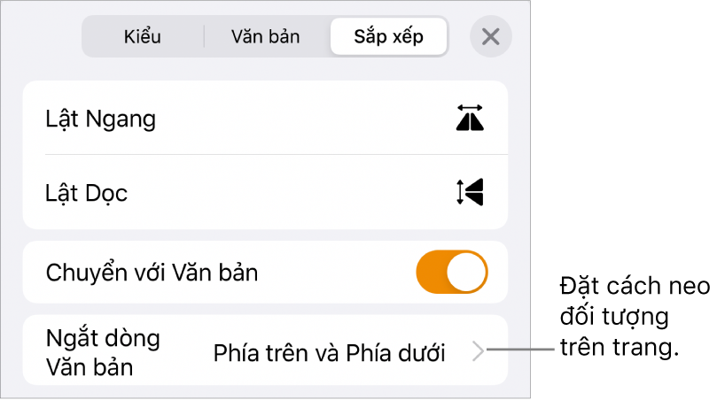 Các điều khiển Sắp xếp với Chuyển với văn bản và Ngắt dòng văn bản.