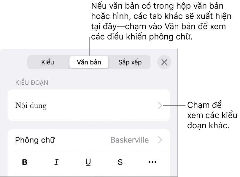 Menu Định dạng đang hiển thị các điều khiển văn bản để đặt kiểu, phông chữ, kích cỡ và màu của đoạn và ký tự.