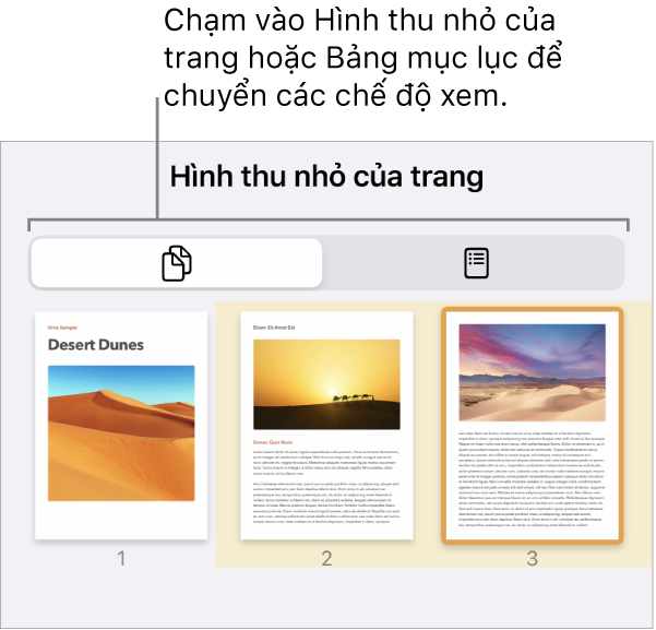 Chế độ xem Hình thu nhỏ của trang với các hình ảnh thu nhỏ của từng trang. Nút Hình thu nhỏ của trang và nút Bảng mục lục ở cuối màn hình.