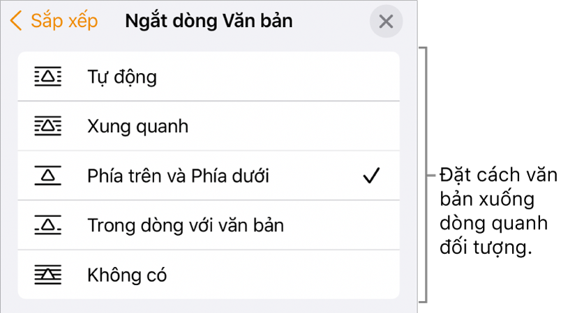 Các điều khiển Ngắt dòng văn bản với cài đặt Tự động, Xung quanh, Phía trên và Phía dưới, Trong dòng với văn bản và Không có.