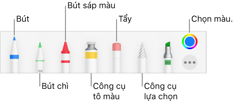 Thanh công cụ vẽ với bút, bút chì, bút sáp màu, công cụ tô màu, tẩy, công cụ chọn và ô màu hiển thị màu hiện tại.