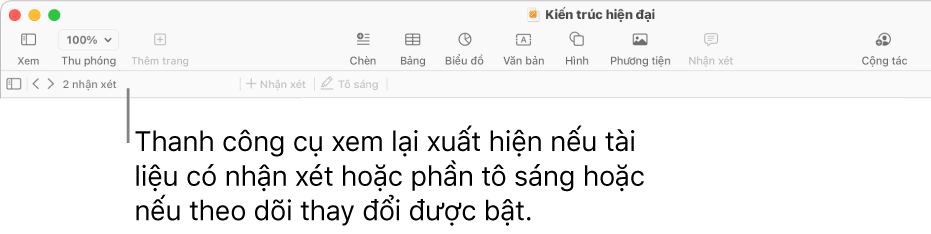 Thanh công cụ Pages ở đầu màn hình với các nút dọc trên cùng cho Xem, Thu phóng, Thêm trang, Chèn, Bảng, Biểu đồ, Văn bản, Hình, Phương tiện và Nhận xét. Bên dưới thanh công cụ Pages là thanh công cụ kiểm tra với nút ẩn hoặc hiển thị nhận xét, các mũi tên để đi tới nhận xét trước đó hoặc tiếp theo, tổng số nhận xét và các nút thêm nhận xét hoặc vùng tô sáng.