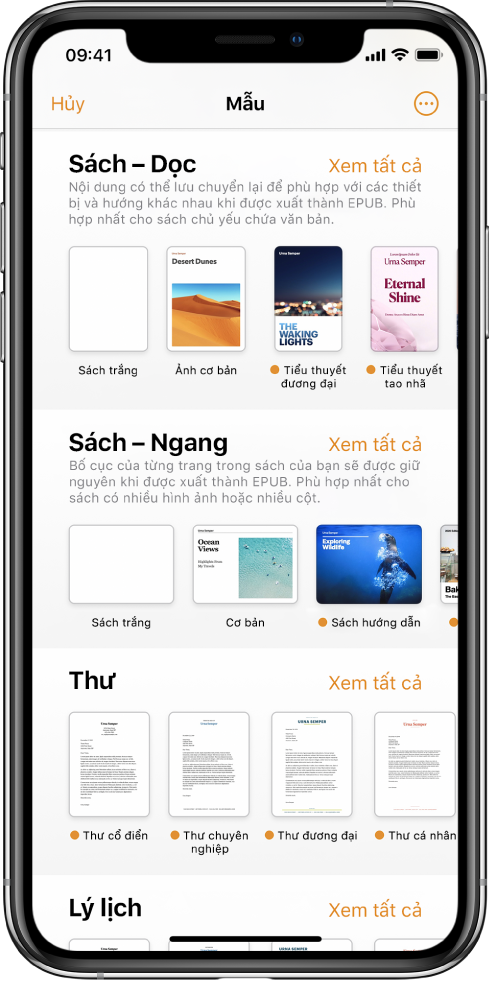 Bộ chọn mẫu với các mẫu sách hướng dọc ở đầu và hướng ngang ở bên dưới.