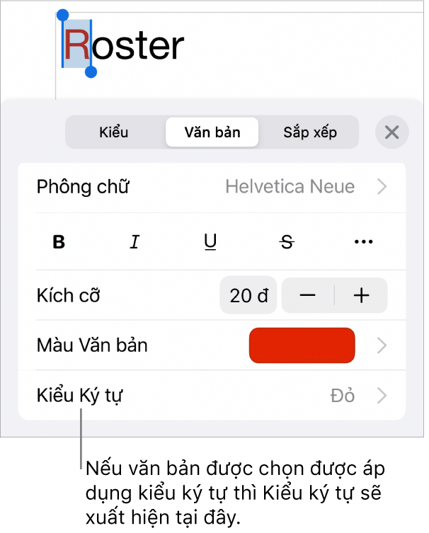 Các điều khiển định dạng Văn bản với Kiểu ký tự bên dưới các điều khiển Màu. Kiểu ký tự Không xuất hiện cùng với dấu hoa thị.