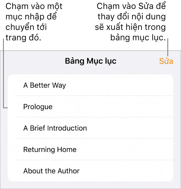 Chế độ xem bảng mục lục với các đề mục trong danh sách. Nút Sửa ở góc trên cùng bên phải và ở dưới cùng là các nút Hình thu nhỏ của trang và Bảng mục lục.