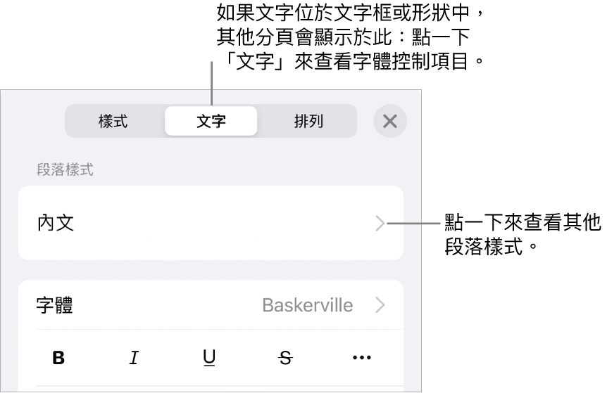 「格式」選單中顯示用於設定段落及字元樣式、字體、大小和顏色的文字控制項目。