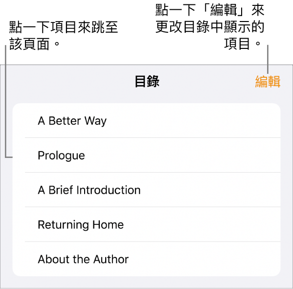 目錄顯示方式，列表中列出各個標題。「編輯」按鈕位於右上角，「頁面縮圖」和「目錄」按鈕位於底部。