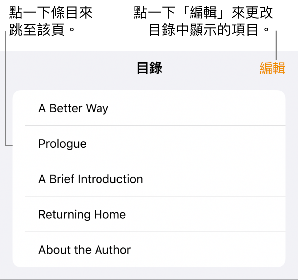 目錄顯示畫面，列表中列出標題。「編輯」按鈕位於右上角，而「頁面縮覽圖」和「目錄」按鈕位於底部。