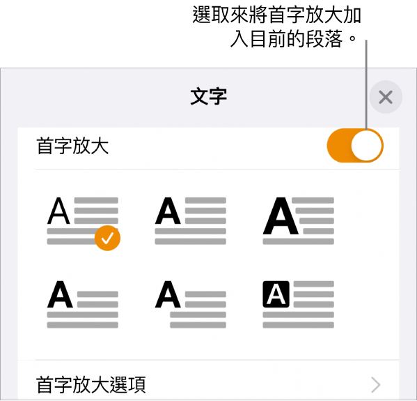 「首字放大」控制項目位於「文字」選單的底部。