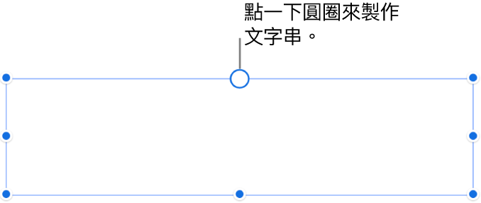 有一個空白文字框，白圓圈位於頂端且調整大小控點位於邊角、側邊和底部。