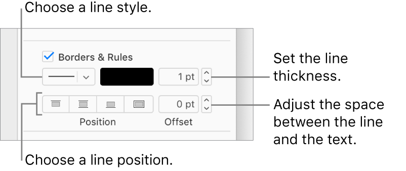 The Borders & Rules checkbox is selected in the Format sidebar, and controls to change the line style, thickness, position, and color of the line appear below the checkbox.