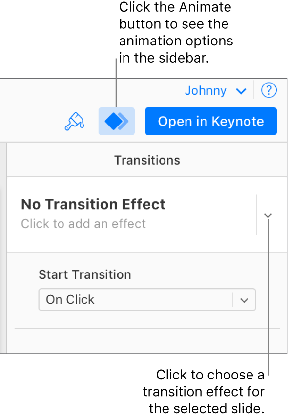 The Animate button is selected in the toolbar, and “No Build In Effect” is showing in the Transitions pop-up menu in the sidebar.