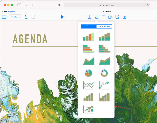 I pulsanti oggetto Tabelle, Grafici, Testo, Forme e Immagine sono riportati nella barra degli strumenti. Il menu a comparsa Grafici è aperto, con i pulsanti 2D e Interattivo nella parte superiore. Il pulsante 2D è selezionato e viene visualizzata una serie di miniature di grafici 2D tra cui puoi scegliere.