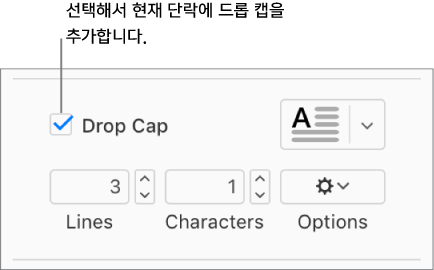 드롭 캡 체크박스가 선택되어 있고 팝업 메뉴가 그 오른쪽에 나타나며, 줄 높이, 문자 수 및 기타 옵션을 설정하는 제어기가 그 아래에 표시됩니다.