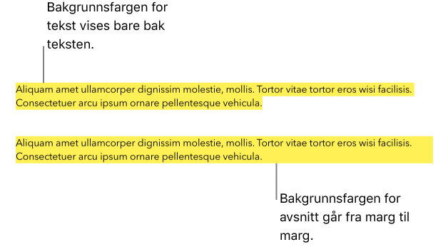 Ett avsnitt med gul farge bare bak teksten og et annet avsnitt med en gul fargeblokk bak avsnittet som går fra marg til marg.