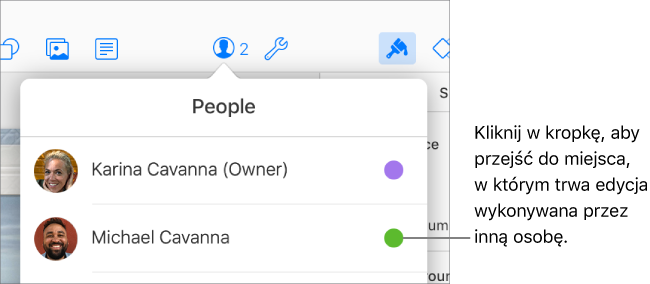 Lista użytkowników z dwoma użytkownikami i kropką w innym kolorze z prawej strony każdej nazwy.