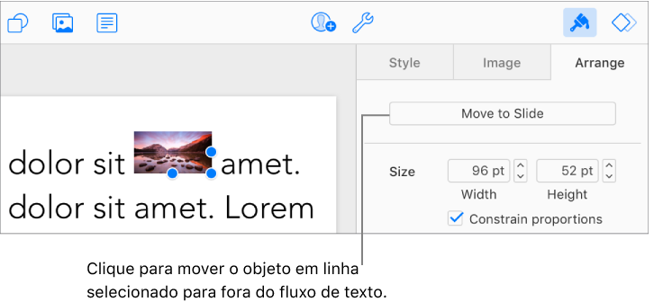 Uma imagem em linha dentro de uma caixa de texto é selecionada e um botão Mover para o slide fica visível na guia Organizar na barra lateral.