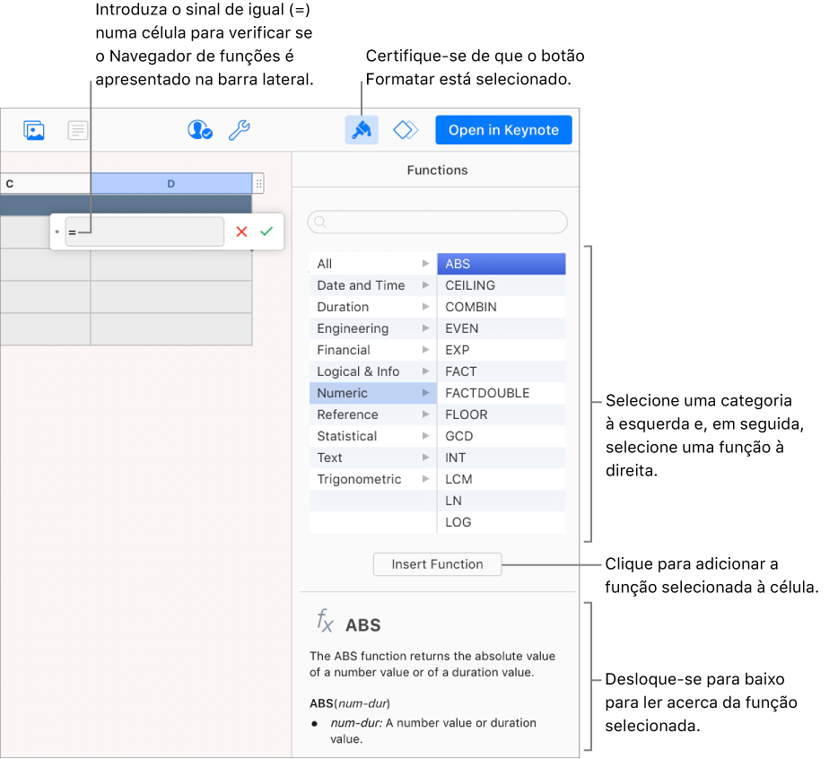 Um sinal de igual é apresentado numa célula de tabela, o botão Formatar está selecionado na barra de ferramentas e o Navegador de funções é apresentado na barra lateral Formatar à direita. A função de valor absoluto está selecionada. É apresentada uma descrição da função por baixo da lista de funções.
