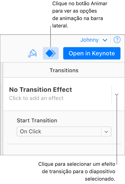 O botão Animar é selecionado na barra de ferramentas e “Nenhum efeito de entrada” é apresentado no menu pop-up Transições, na barra lateral.