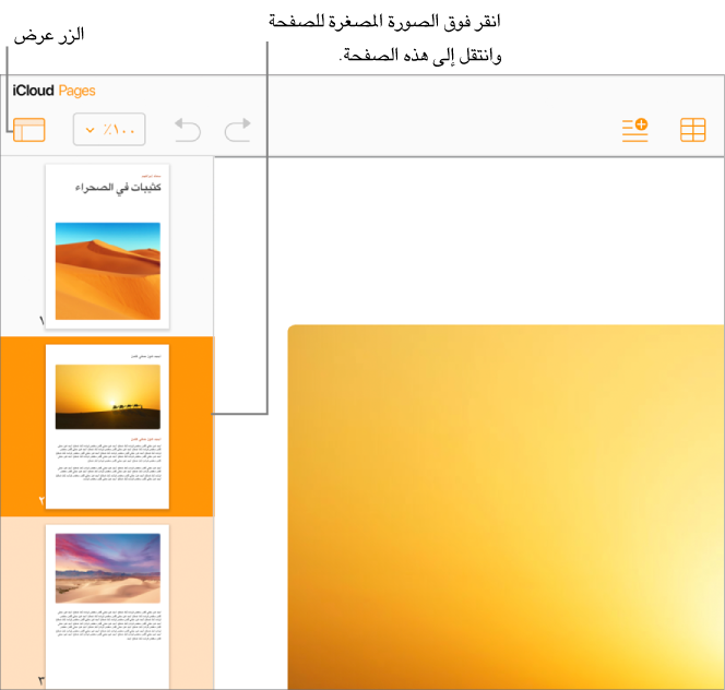 الصور المصغرة للصفحة في الشريط الجانبي الأيمن، مع تمييز الصفحة المحددة باللون البرتقالي الداكن وصفحة أخرى في نفس القسم باللون البرتقالي الفاتح.