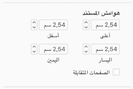 قسم "هوامش المستند" في الشريط الجانبي "مستند"، وبه عناصر تحكم لإعداد الهوامش العلوية والسفلية واليسرى واليمنى.